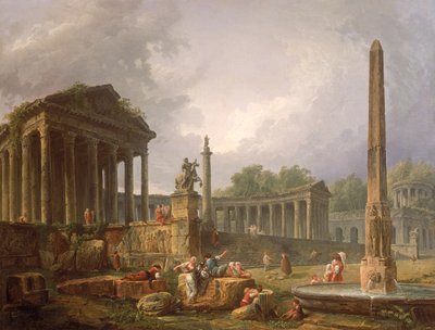 Architectonische Capriccio met tempel en obelisk, 1798 door Hubert Robert